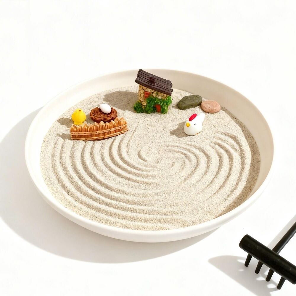 Farmhouse Mini Zen Garden, Chicken Figurines, Desktop Meditation Decor